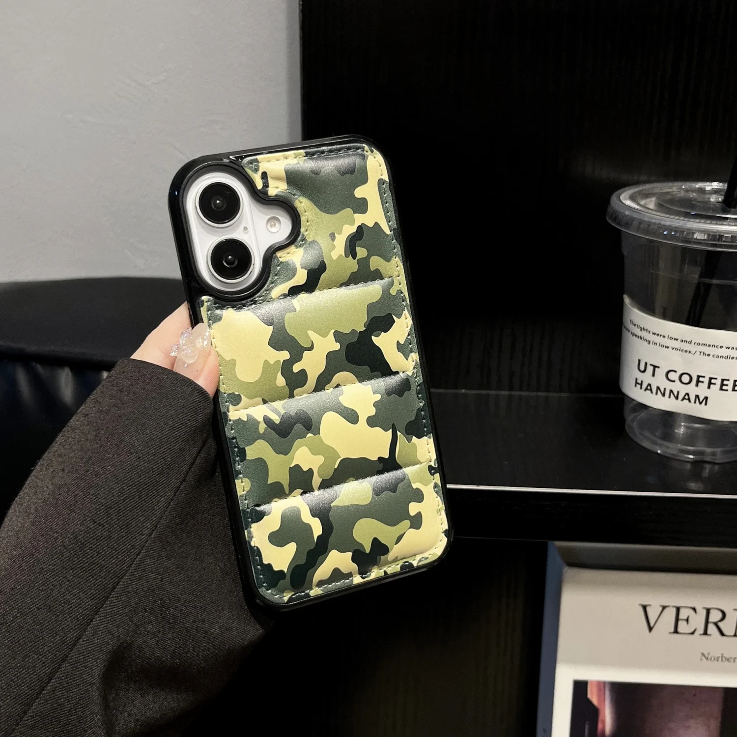 green camo puffer phone case